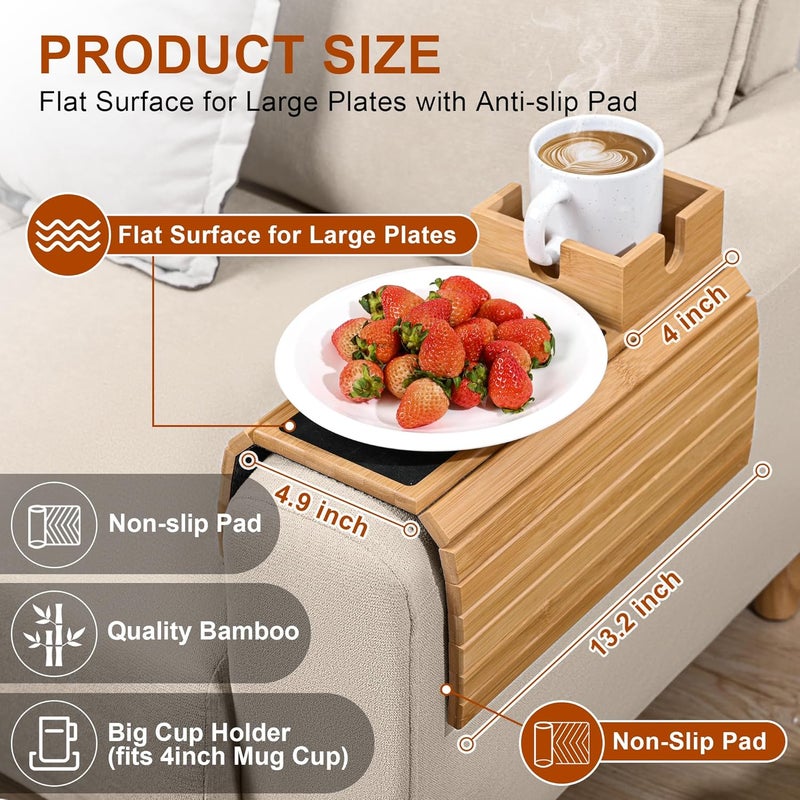 Joy&Grace Sofa Armrest Tray with Large Mug Holder, Bamboo Couch Arm Tray, Anti-Slip Couch Cup Holder Foldable Sofa Arm Table for Eating Drinks Cellphone (Color Natural) - Image 2